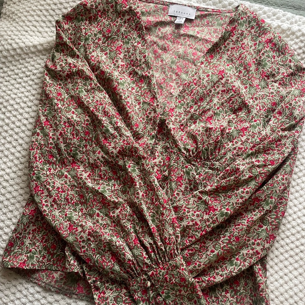 Topshop Red and Green Floral Blouse